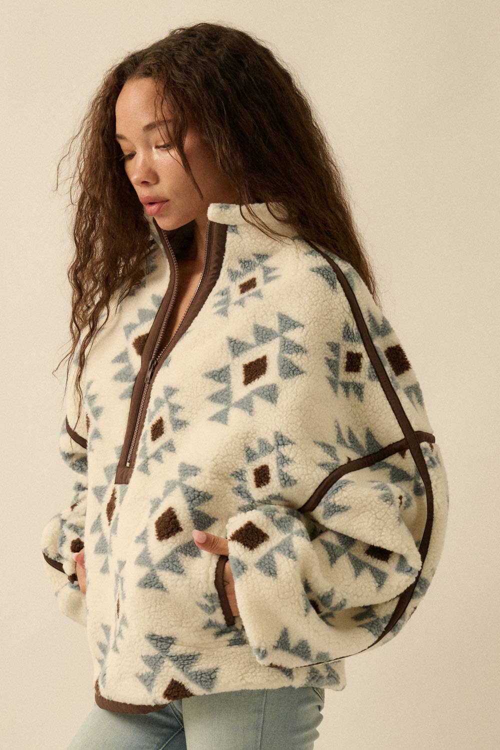 Geometric-Print Sherpa Fleece Half-Zip Pullover