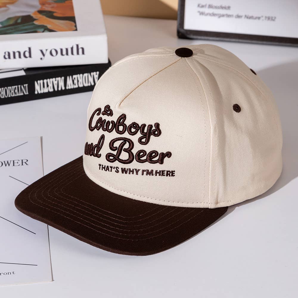COWBOY AND BEER Message Embroidered Five Panel Canvas Snapback Baseball Cap
