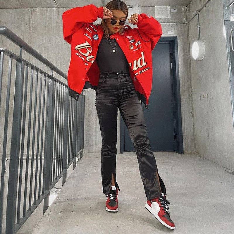 Red Printed Sporty Loose Casual Jacket