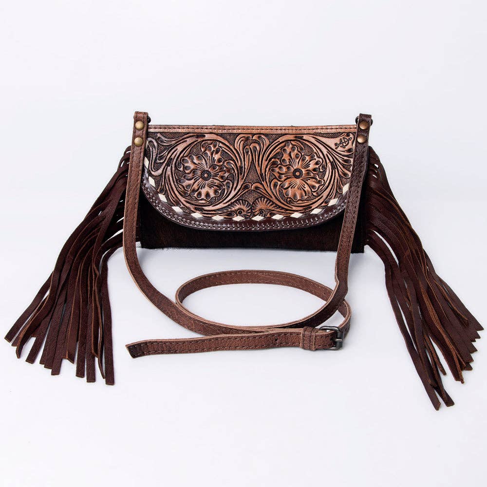 LC-ADBG924 Leather Crossbody with Hand-Tooled Floral Flap & Fringe