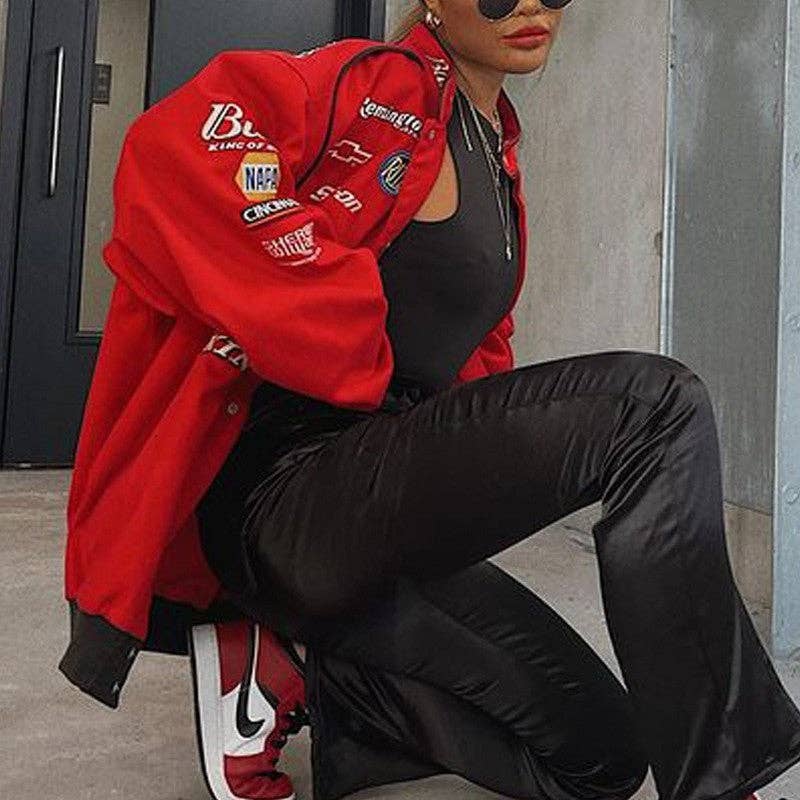 Red Printed Sporty Loose Casual Jacket