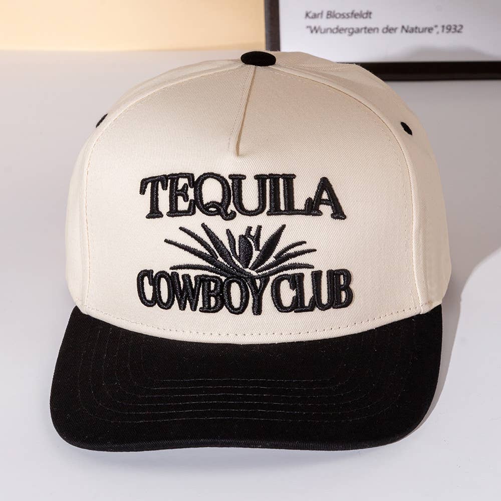 TEQUILA COWBOY Message Embroidered Five Panel Canvas Snapback Baseball Cap
