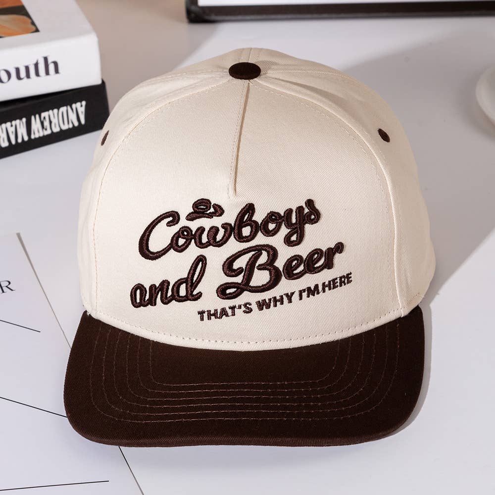 COWBOY AND BEER Message Embroidered Five Panel Canvas Snapback Baseball Cap