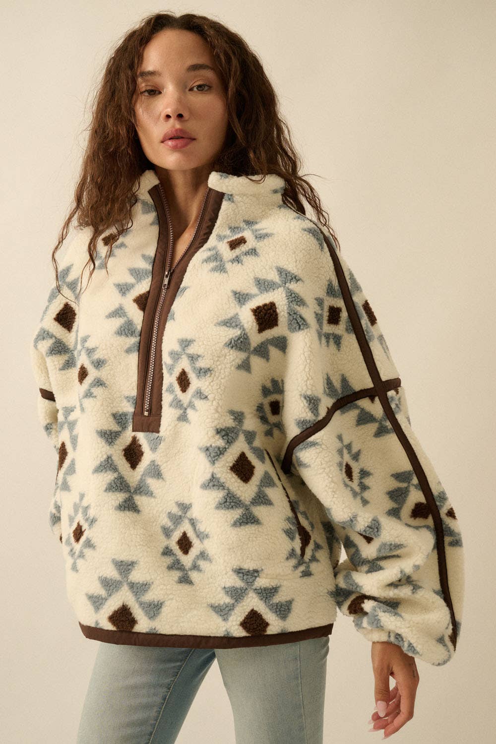 Geometric-Print Sherpa Fleece Half-Zip Pullover