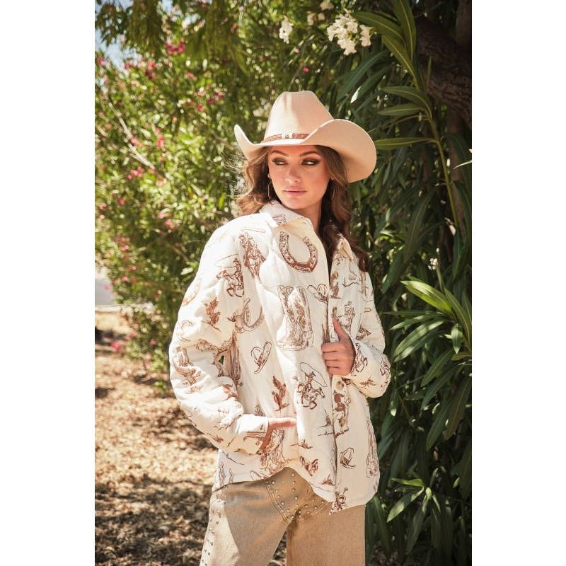 Western Printed Quilted Long Sleeve Shackets