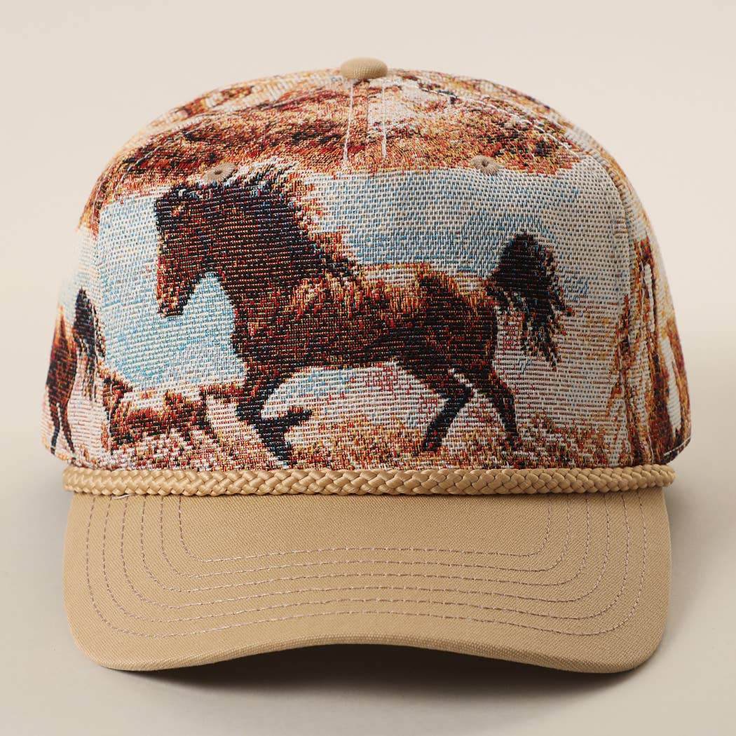Vintage Western Wild Horse Tapestry Rope Trucker Hat