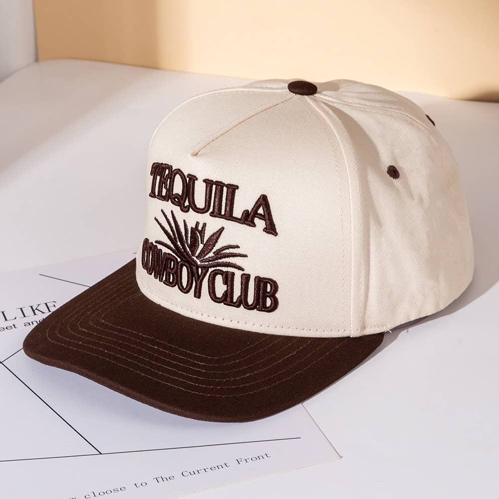 TEQUILA COWBOY Message Embroidered Five Panel Canvas Snapback Baseball Cap