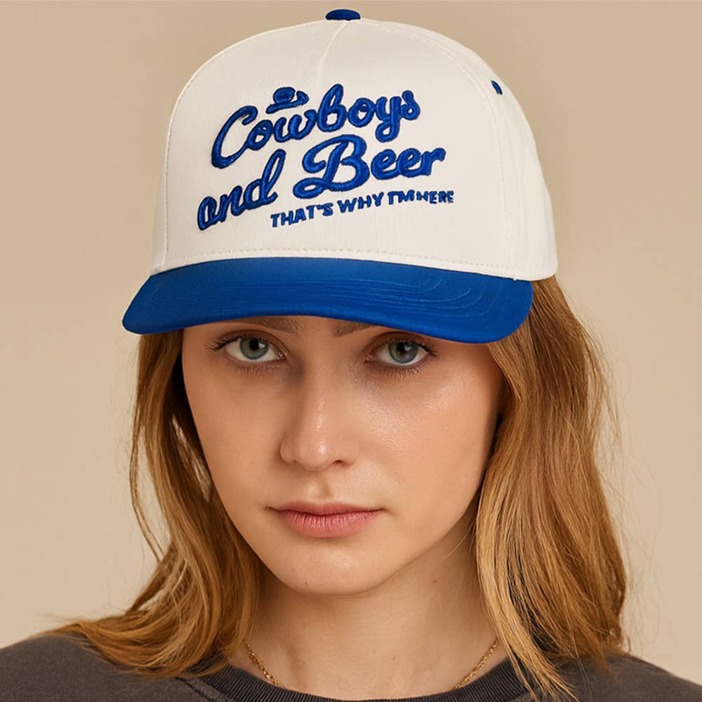 COWBOY AND BEER Message Embroidered Five Panel Canvas Snapback Baseball Cap