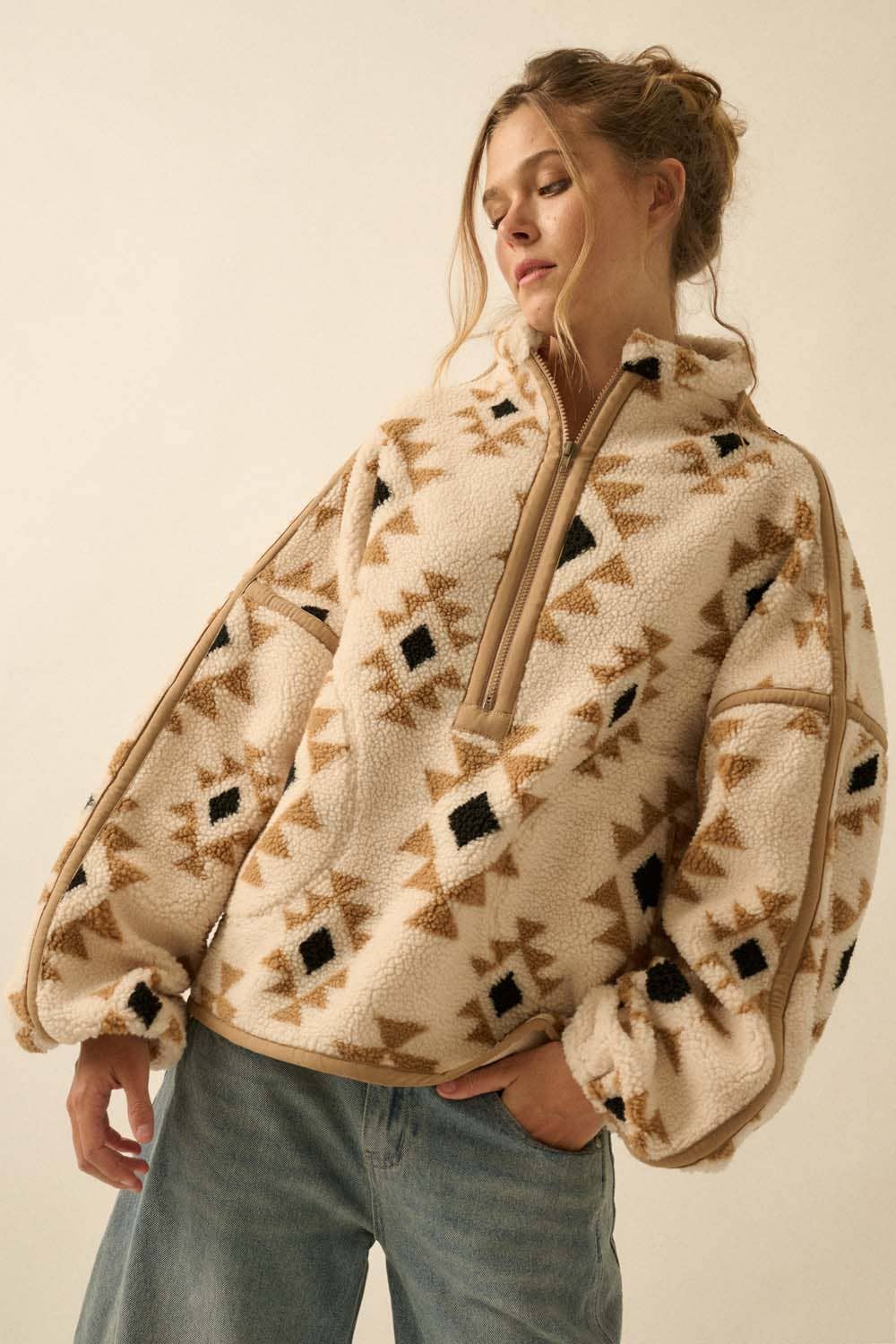 Geometric-Print Sherpa Fleece Half-Zip Pullover