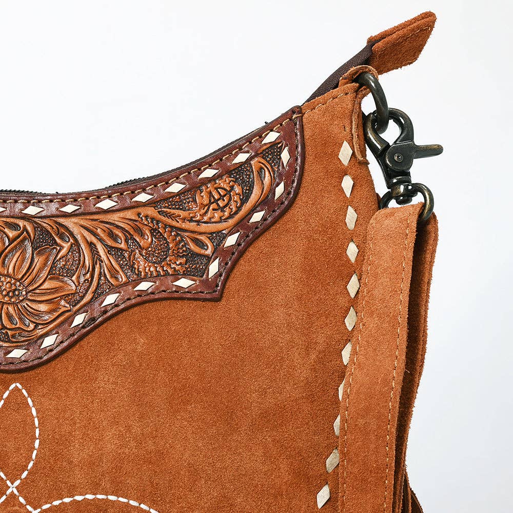 ADBG1663 American Darling Western Genuine Suede Leather Large Crossbody Bag with Fringe & Hand-Tooled Details