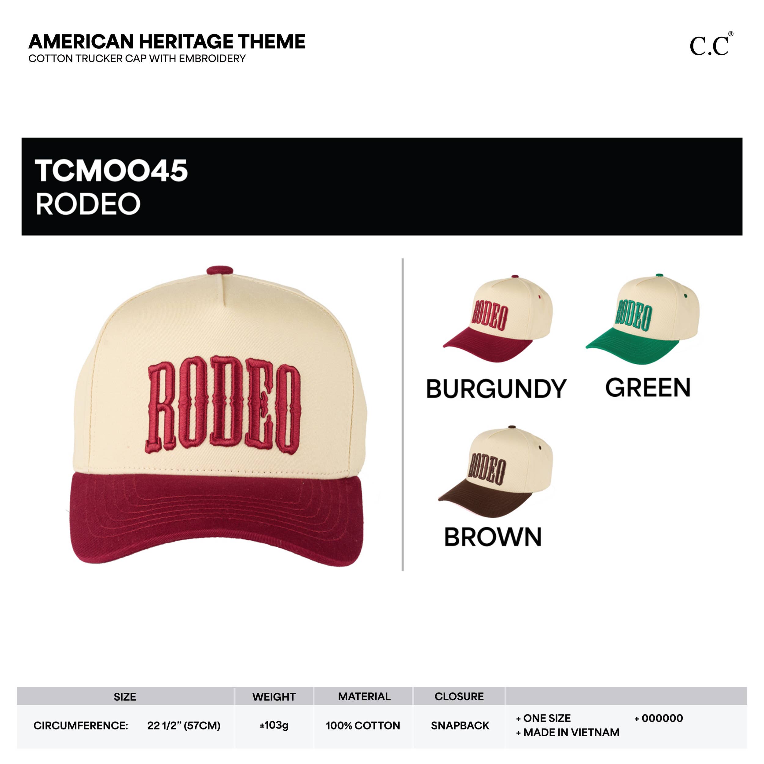 C.C RODEO Letter Embroidered Snapback Trucker Hat