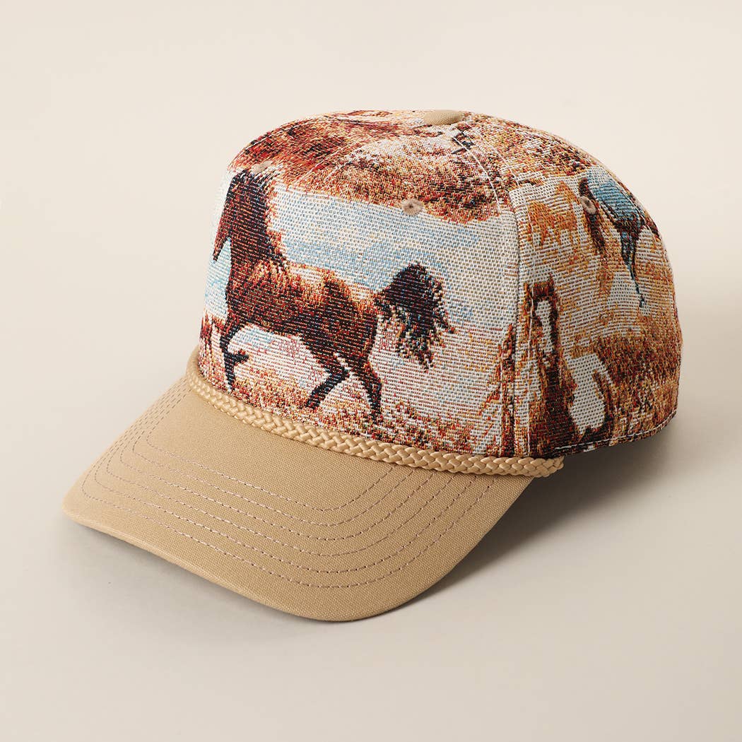 Vintage Western Wild Horse Tapestry Rope Trucker Hat