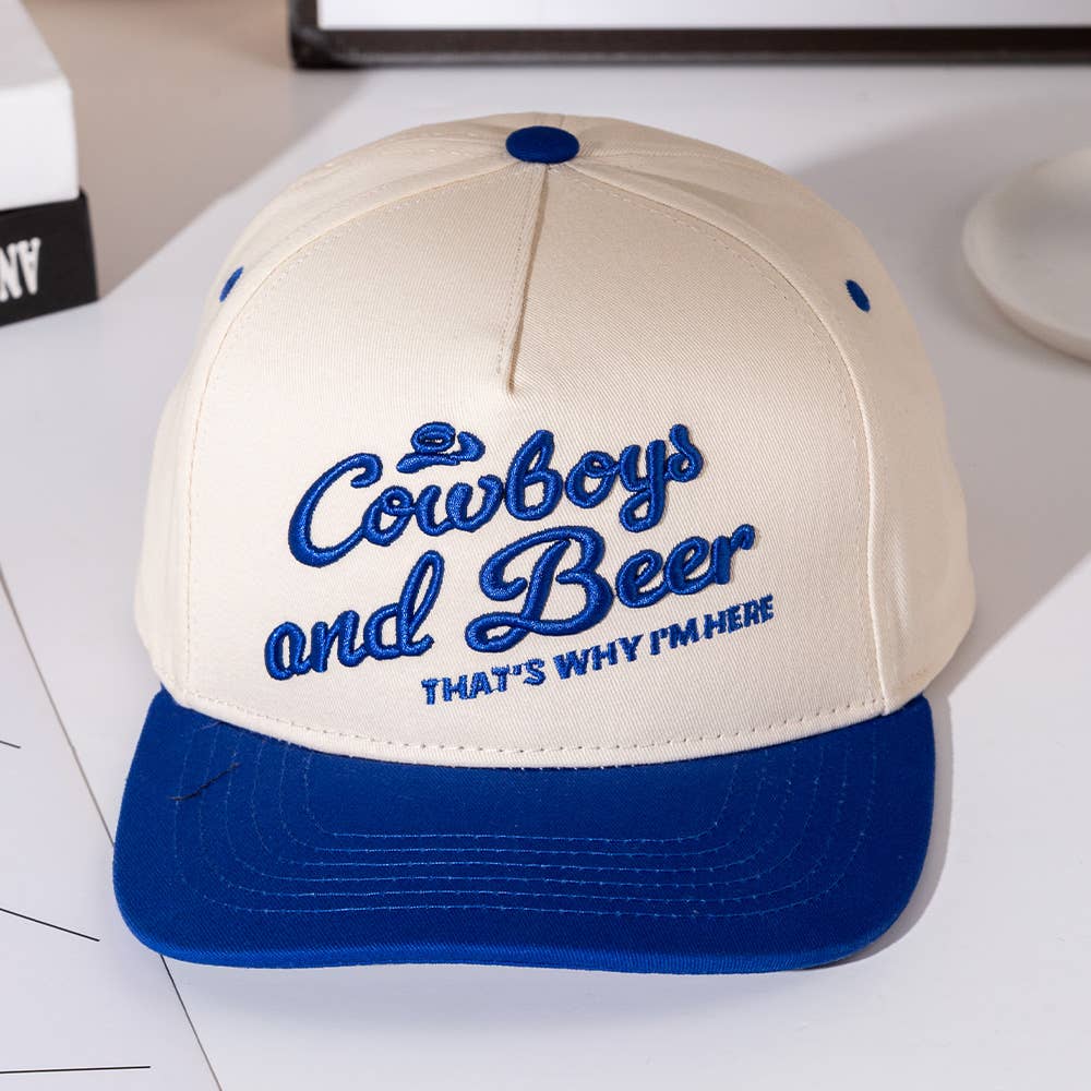 COWBOY AND BEER Message Embroidered Five Panel Canvas Snapback Baseball Cap