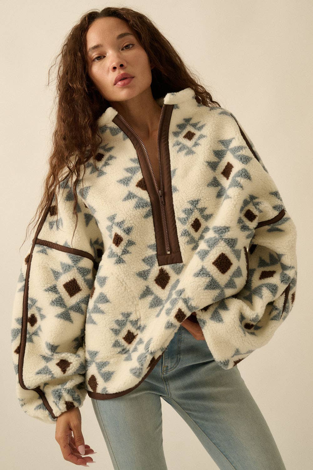 Geometric-Print Sherpa Fleece Half-Zip Pullover