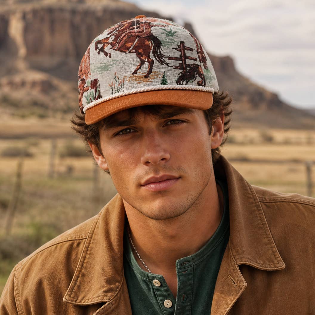 Vintage Western Rodeo Cowboy Tapestry Rope Trucker Hat