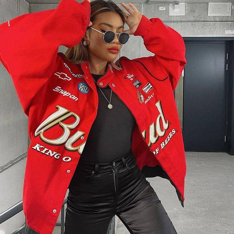 Red Printed Sporty Loose Casual Jacket