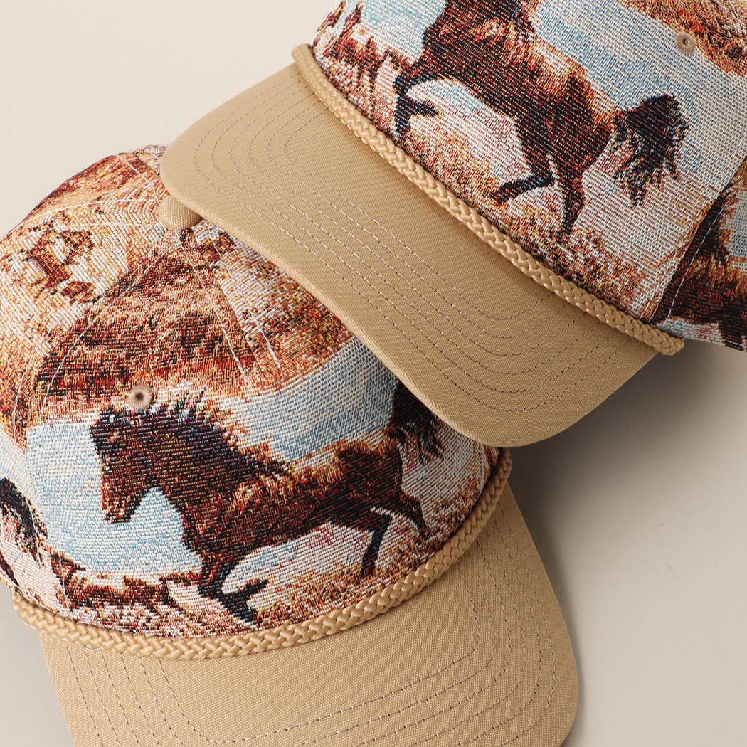 Vintage Western Wild Horse Tapestry Rope Trucker Hat