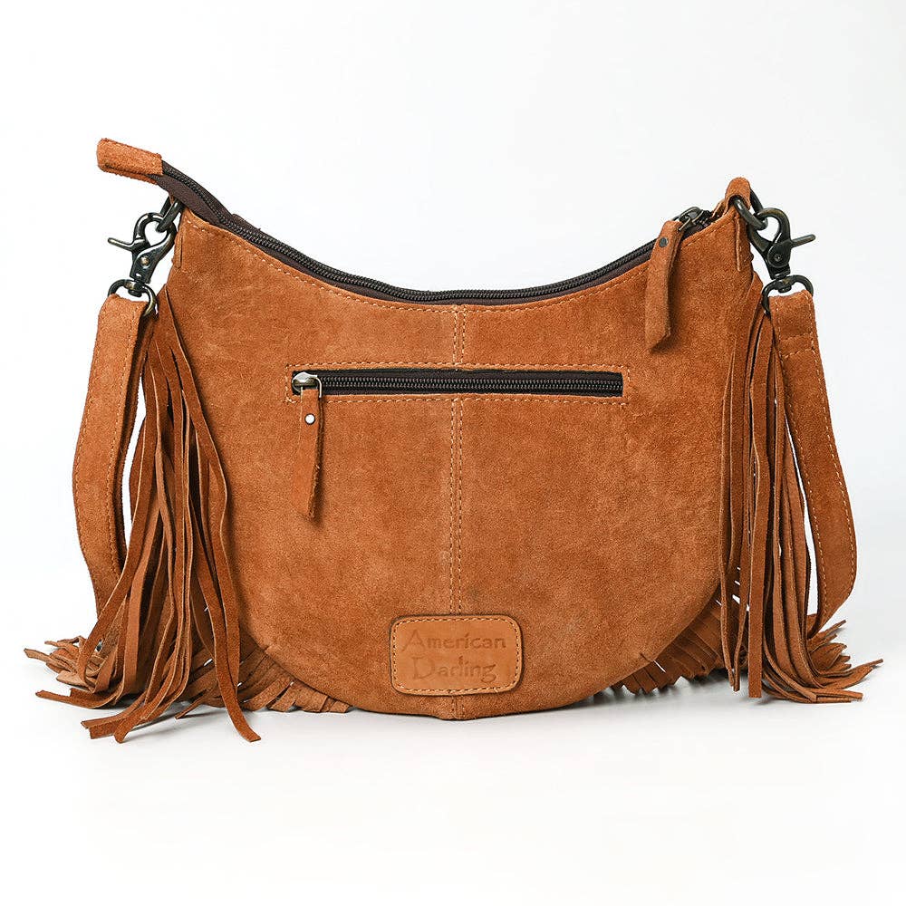 ADBG1663 American Darling Western Genuine Suede Leather Large Crossbody Bag with Fringe & Hand-Tooled Details