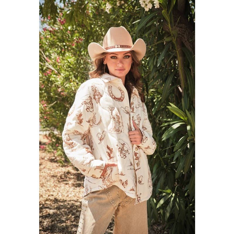 Western Printed Quilted Long Sleeve Shackets