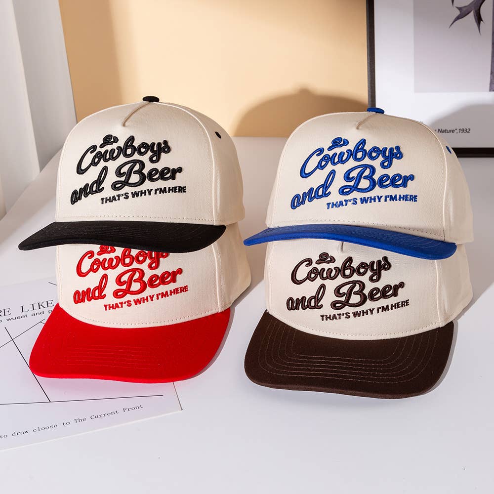 COWBOY AND BEER Message Embroidered Five Panel Canvas Snapback Baseball Cap