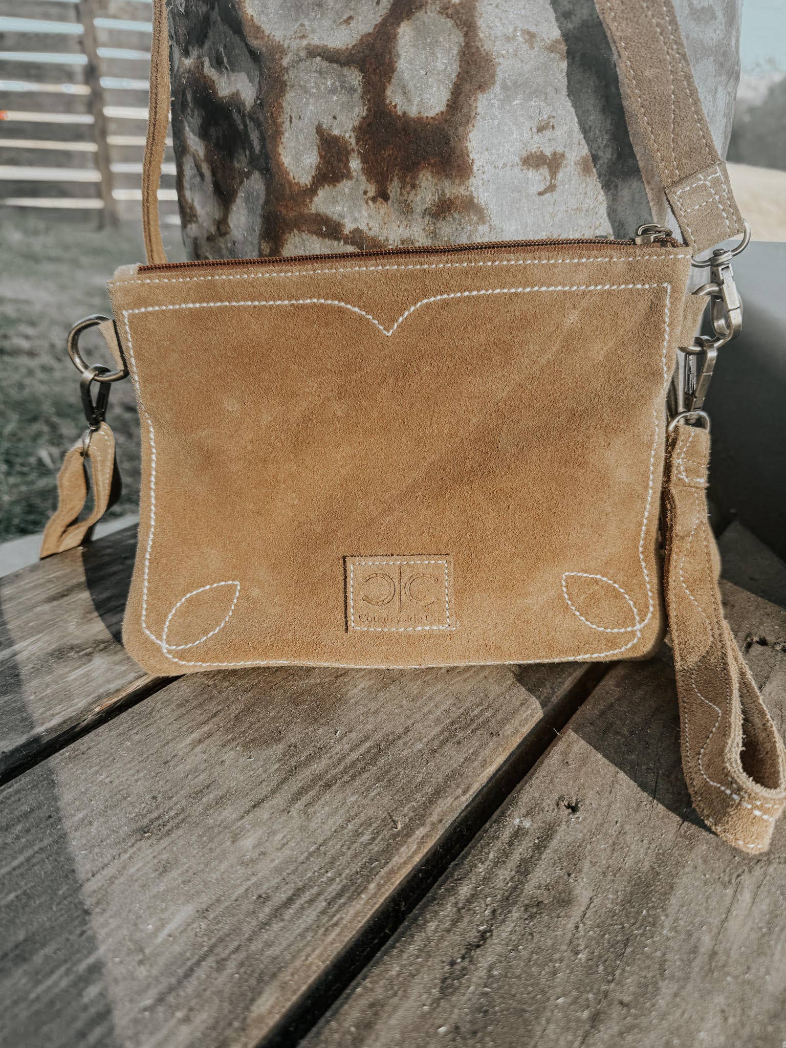 Boot Stitch Suede Leather Purse with Wristlet