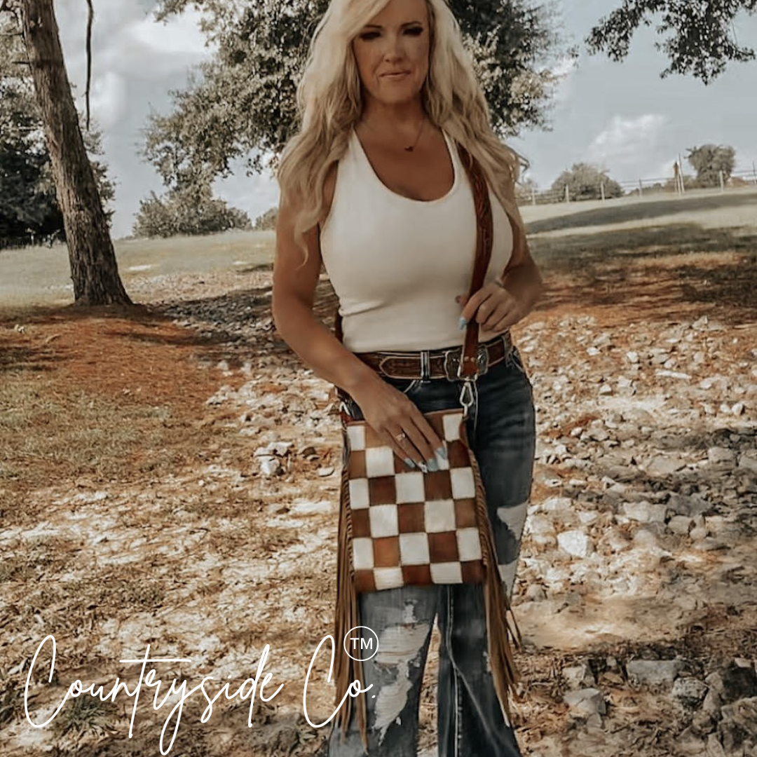 Stockdale Checkered Cowhide Fringe Purse, Brown & White