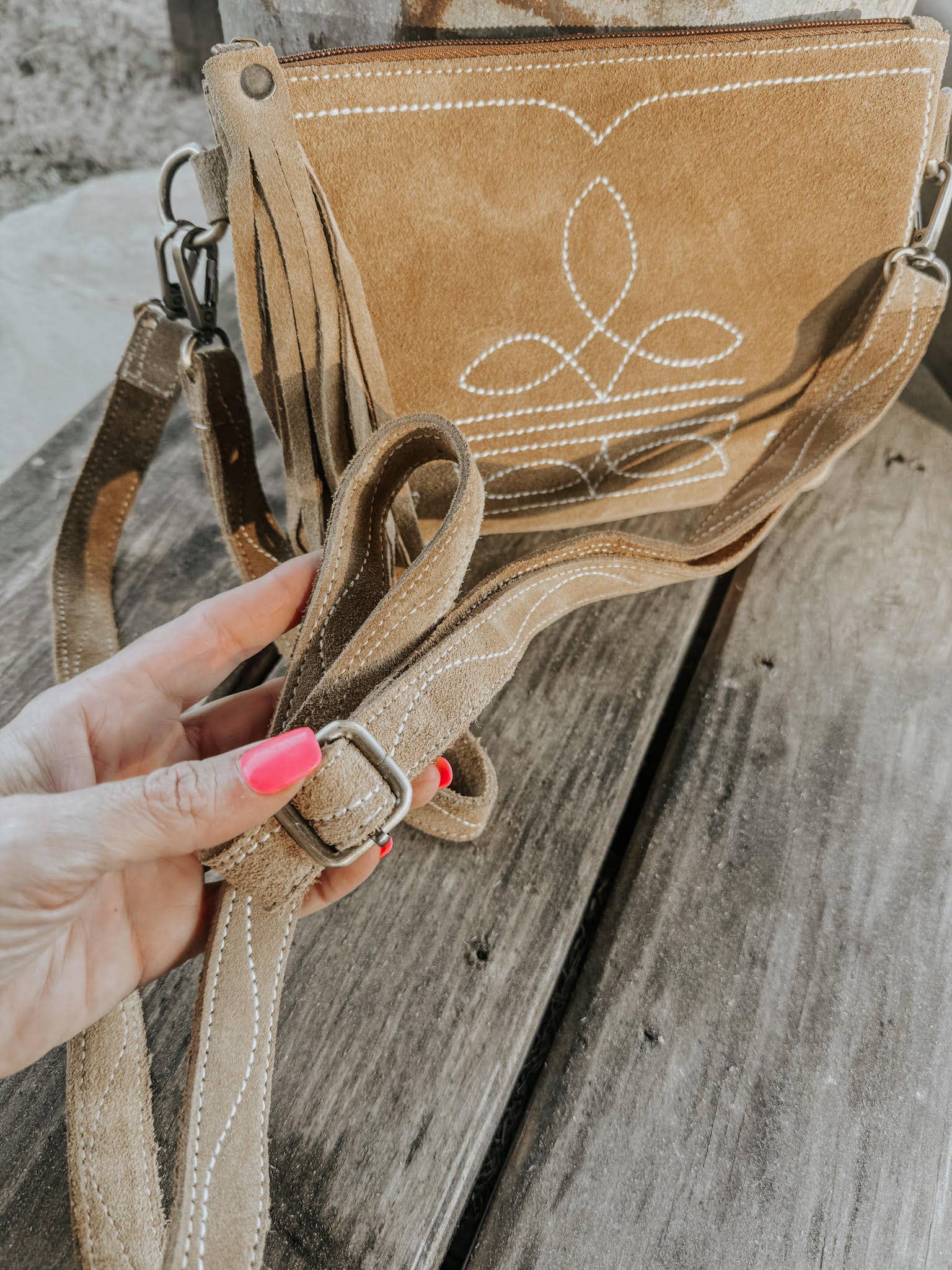 Boot Stitch Suede Leather Purse with Wristlet