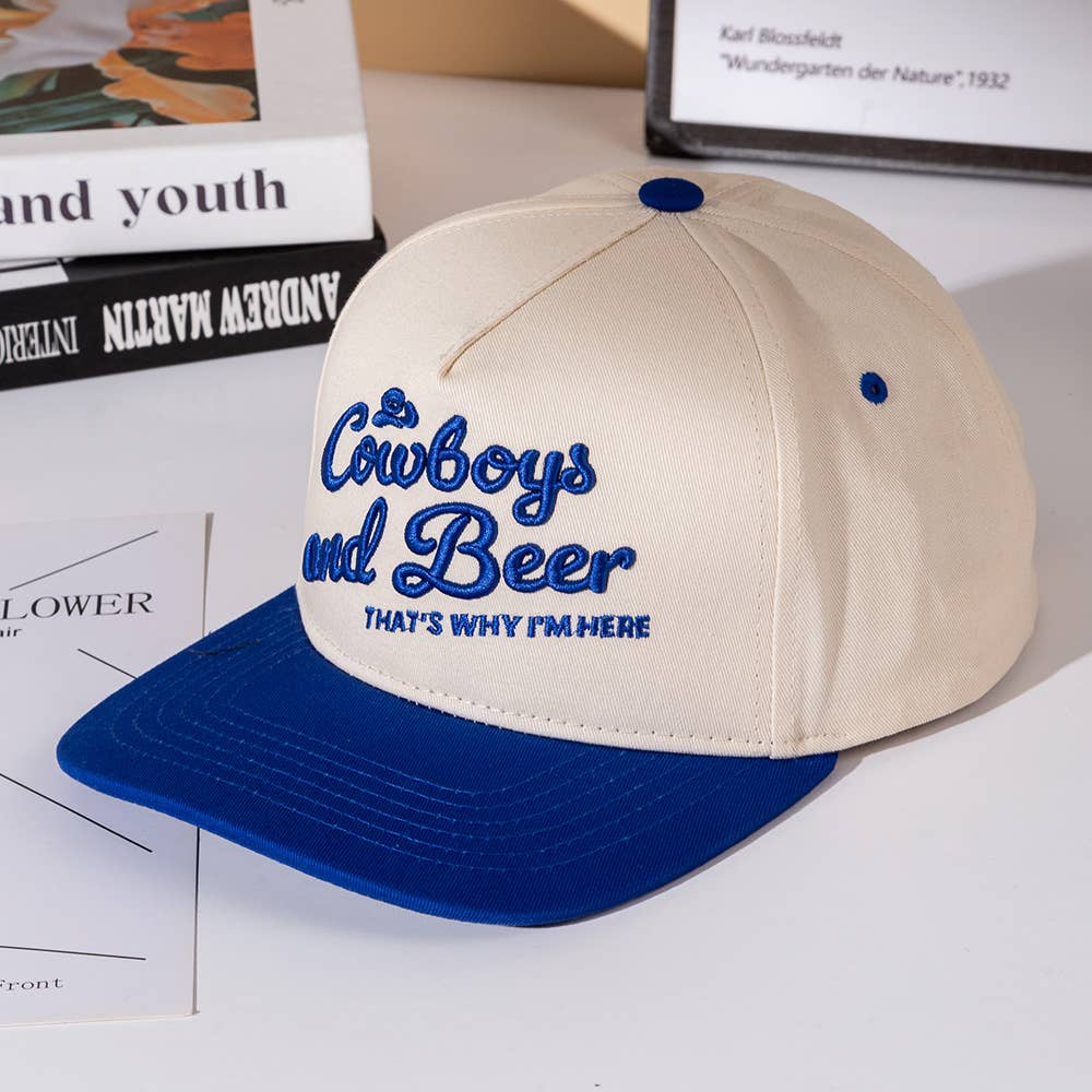 COWBOY AND BEER Message Embroidered Five Panel Canvas Snapback Baseball Cap