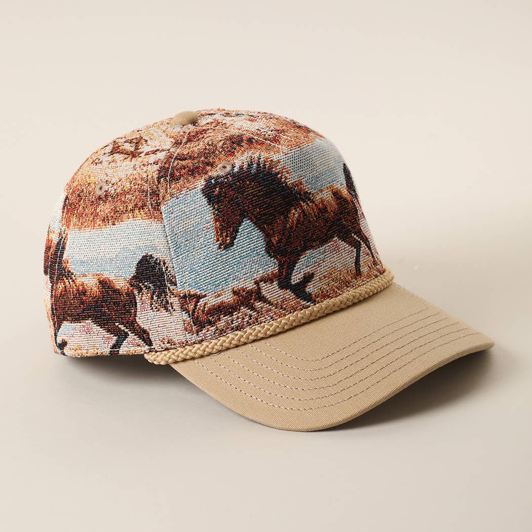 Vintage Western Wild Horse Tapestry Rope Trucker Hat