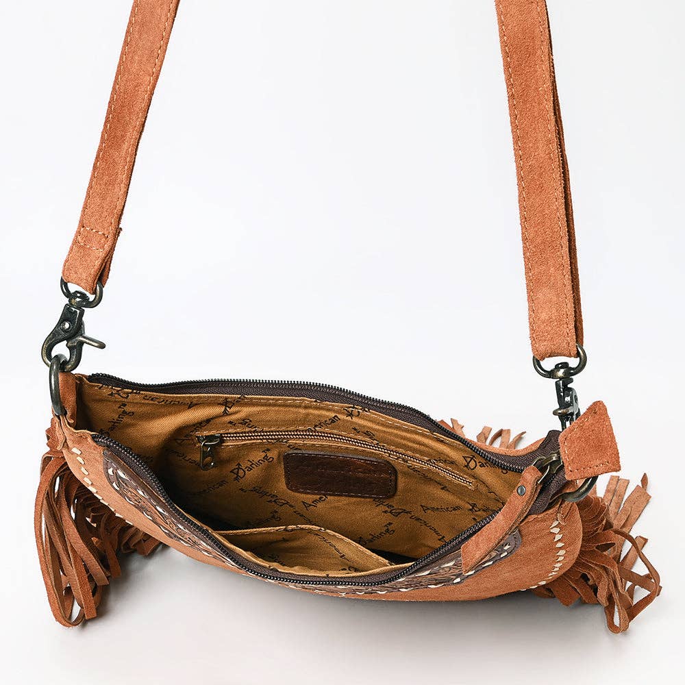 ADBG1663 American Darling Western Genuine Suede Leather Large Crossbody Bag with Fringe & Hand-Tooled Details