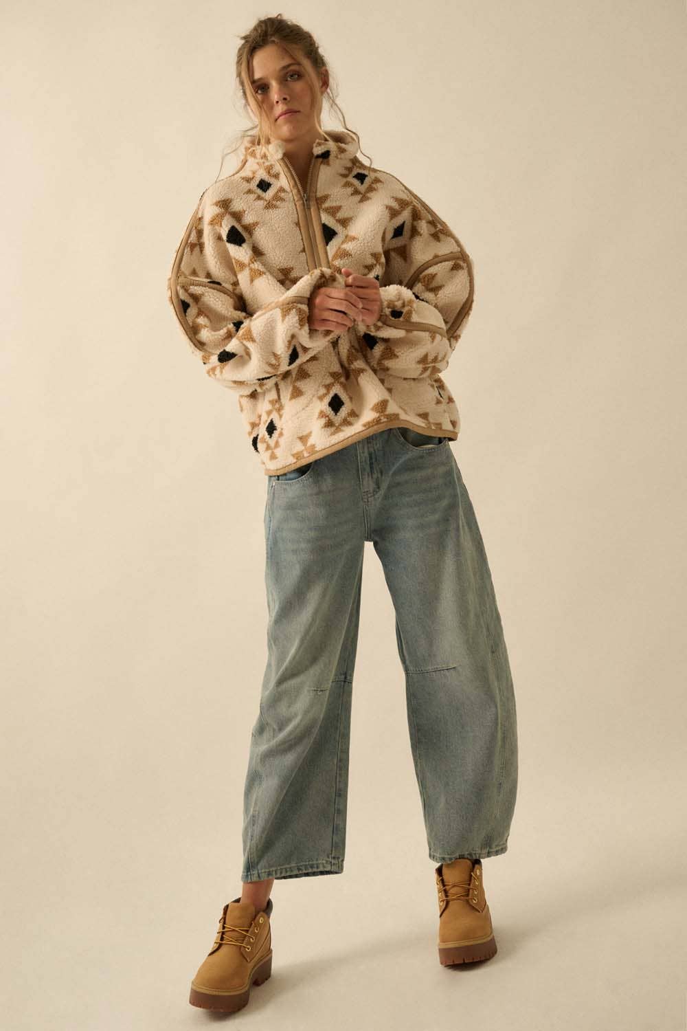 Geometric-Print Sherpa Fleece Half-Zip Pullover