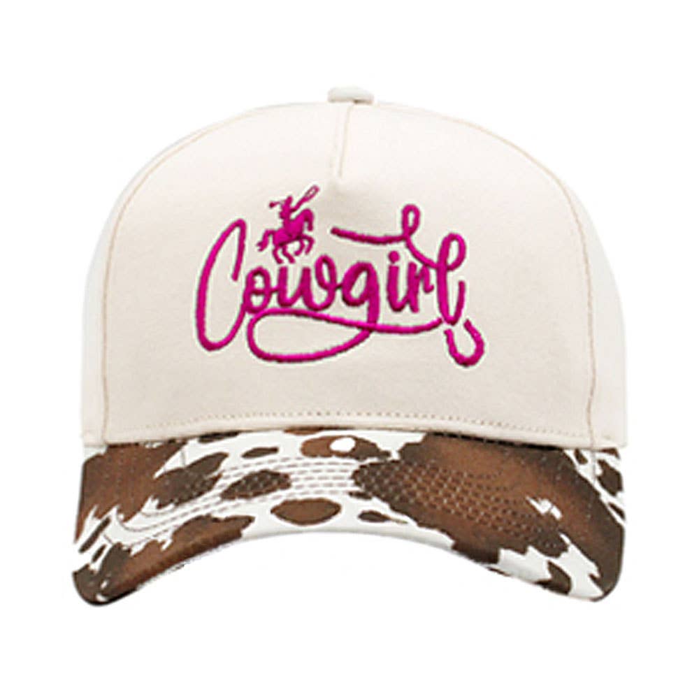 Animal Pattern Brim COWGIRL Message Embroidered Five Panel Canvas Baseball Cap