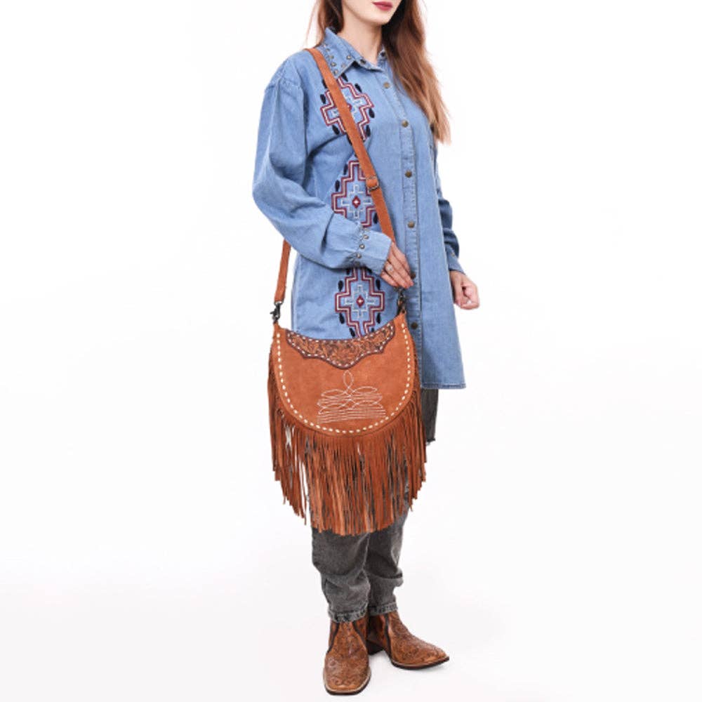ADBG1663 American Darling Western Genuine Suede Leather Large Crossbody Bag with Fringe & Hand-Tooled Details