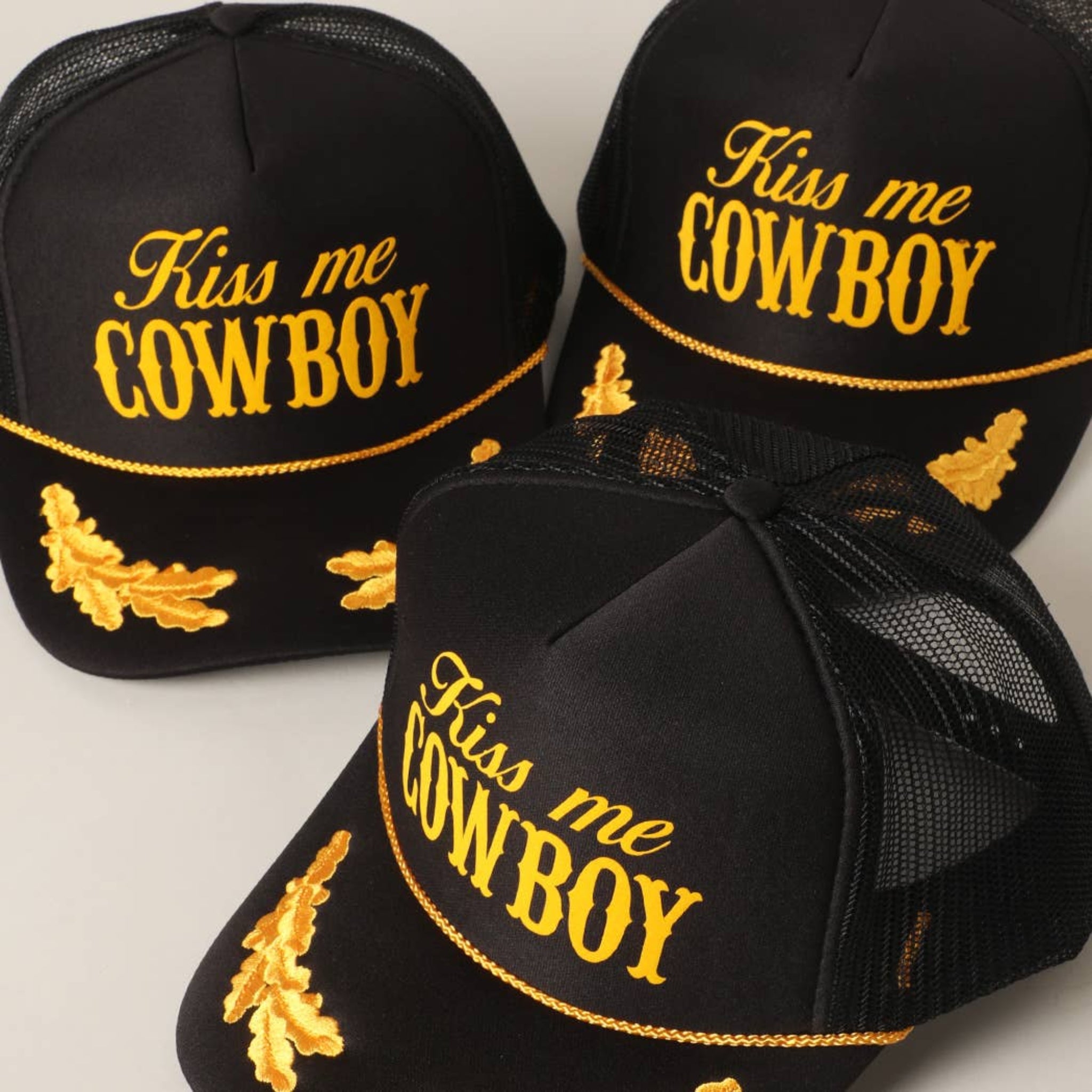 Kiss Me Cowboy Text Foam Mesh Back Trucker Hat