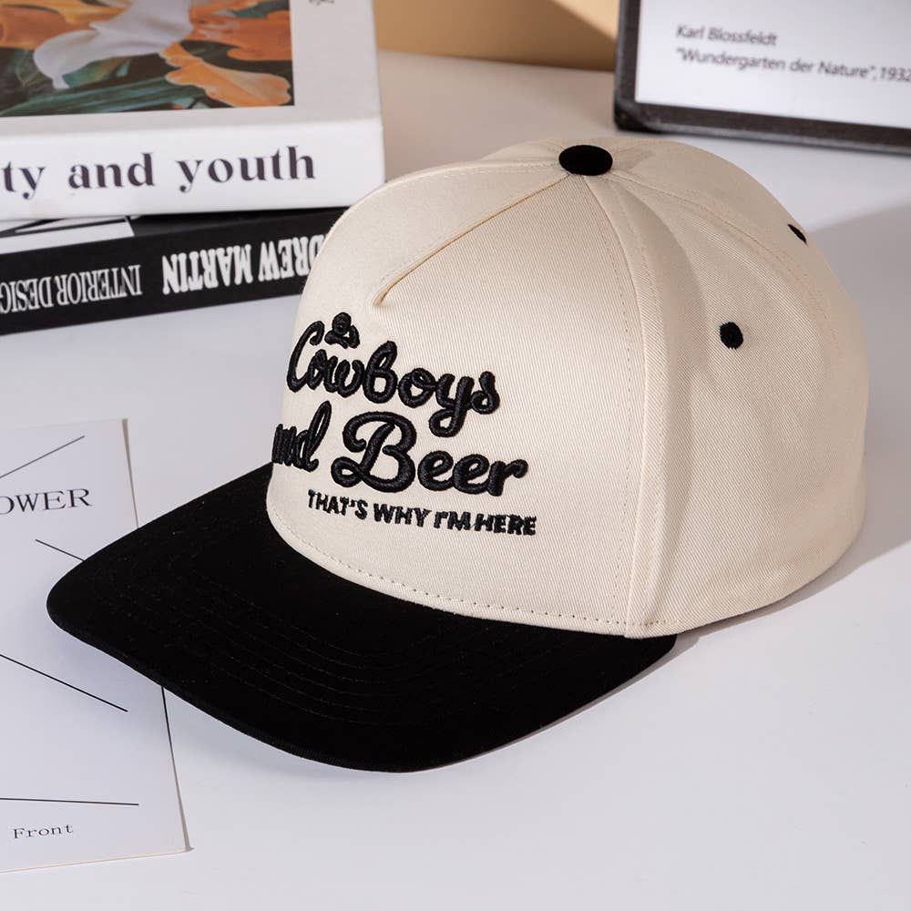 COWBOY AND BEER Message Embroidered Five Panel Canvas Snapback Baseball Cap