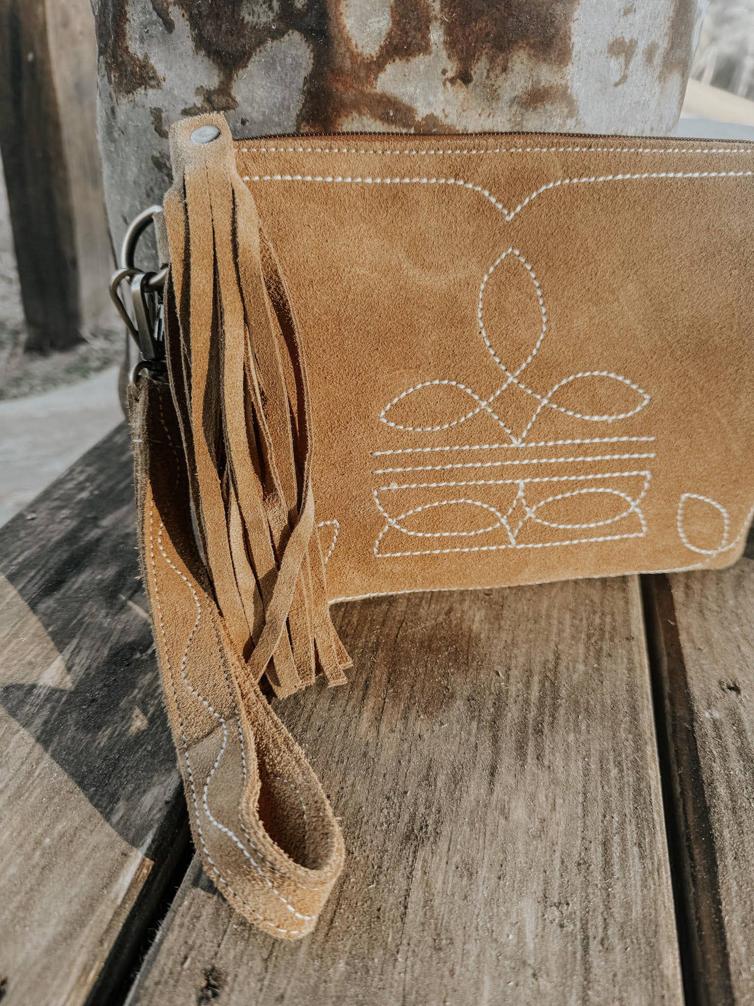 Boot Stitch Suede Leather Purse with Wristlet