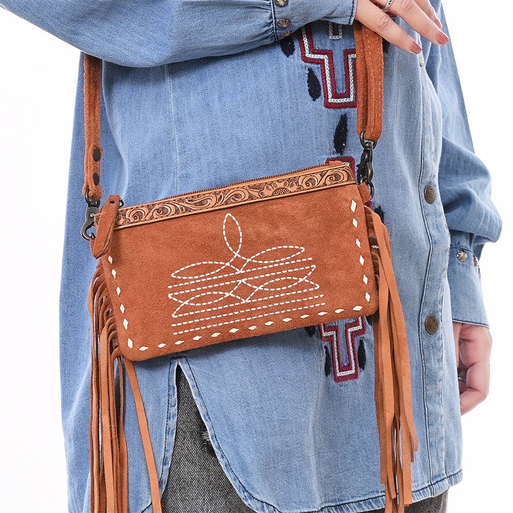 ADBG1662 American Darling Western Genuine Suede Leather Small Cross Body Bag with & Hand-Tooled Accents