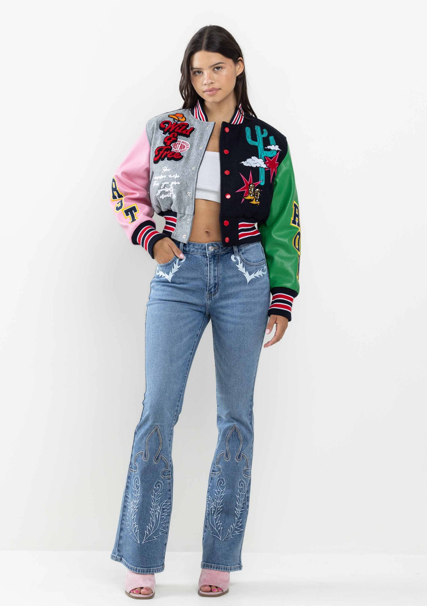 WILD AND FREE CROPPED VARSITY JACKET