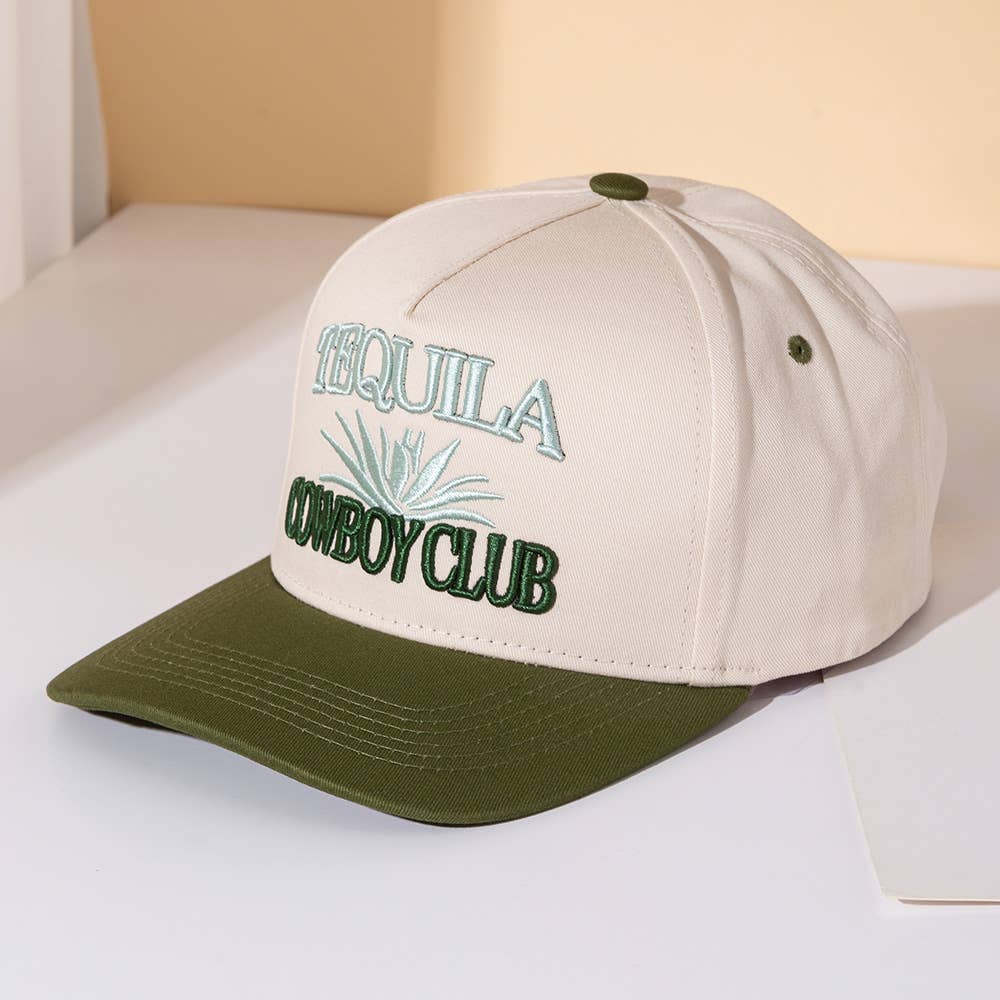 TEQUILA COWBOY Message Embroidered Five Panel Canvas Snapback Baseball Cap