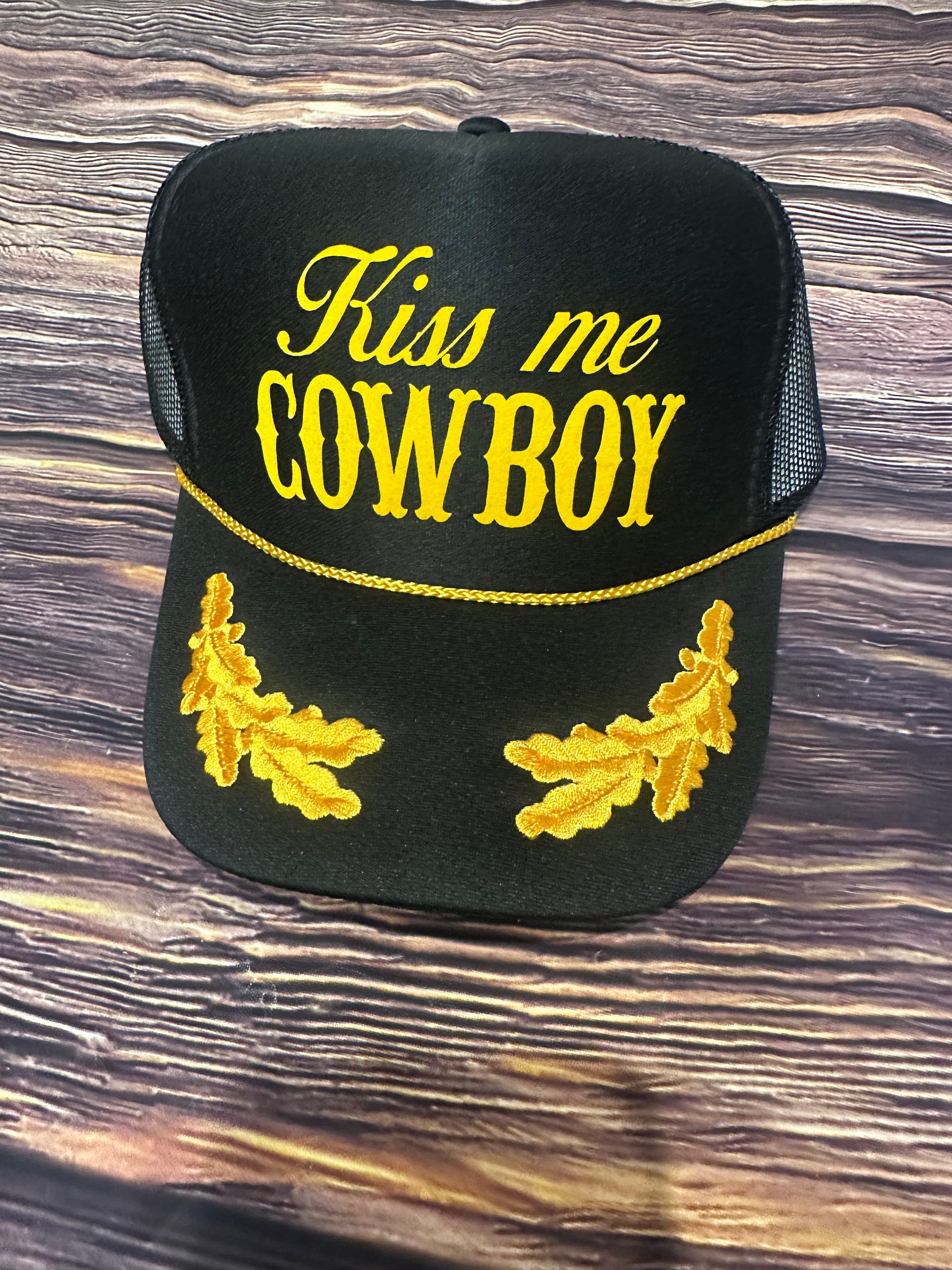 Kiss Me Cowboy Text Foam Mesh Back Trucker Hat