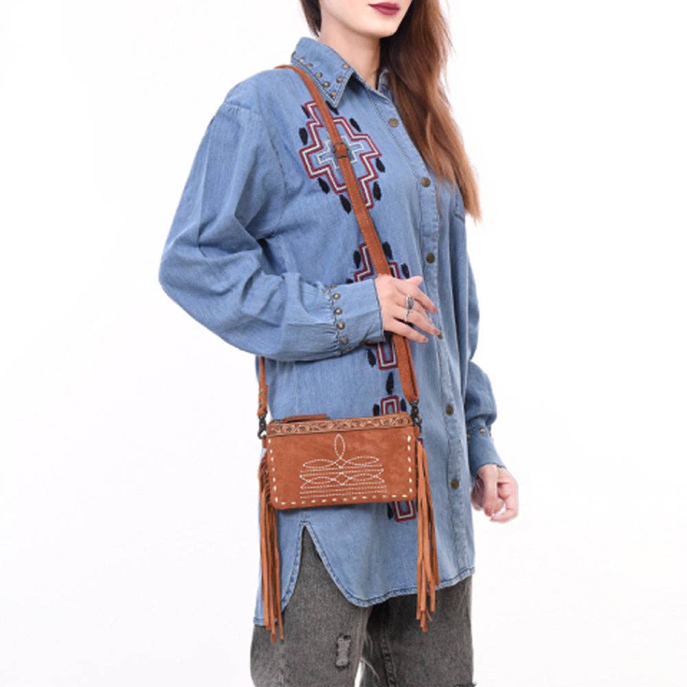 ADBG1662 American Darling Western Genuine Suede Leather Small Cross Body Bag with & Hand-Tooled Accents
