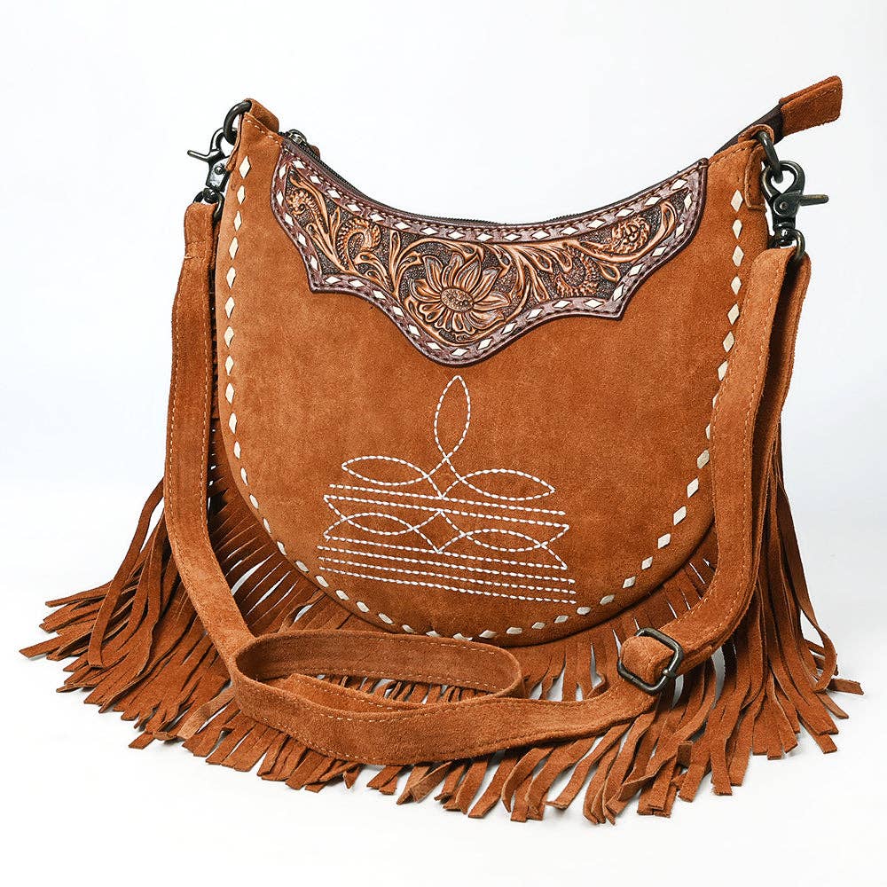 ADBG1663 American Darling Western Genuine Suede Leather Large Crossbody Bag with Fringe & Hand-Tooled Details