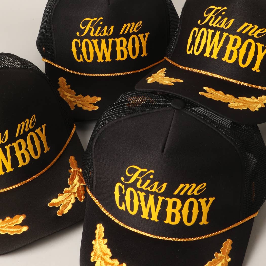 Kiss Me Cowboy Text Foam Mesh Back Trucker Hat