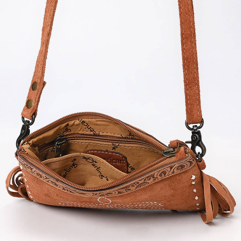 ADBG1662 American Darling Western Genuine Suede Leather Small Cross Body Bag with & Hand-Tooled Accents