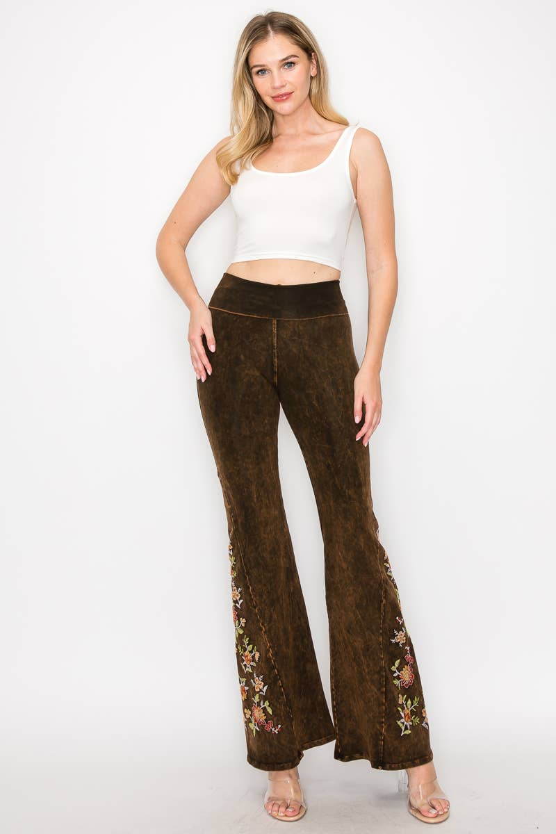 Mineral Wash Floral Embroidery Flare Yoga Pants