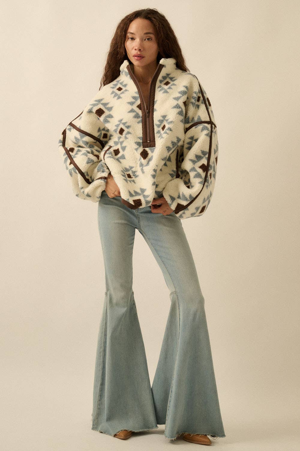 Geometric-Print Sherpa Fleece Half-Zip Pullover