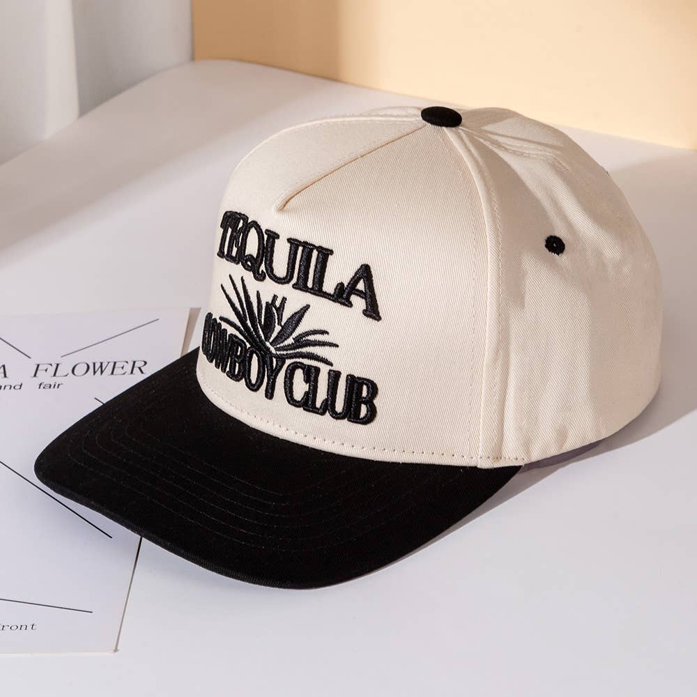 TEQUILA COWBOY Message Embroidered Five Panel Canvas Snapback Baseball Cap