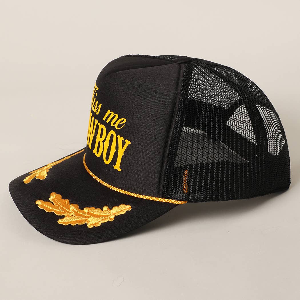 Kiss Me Cowboy Text Foam Mesh Back Trucker Hat