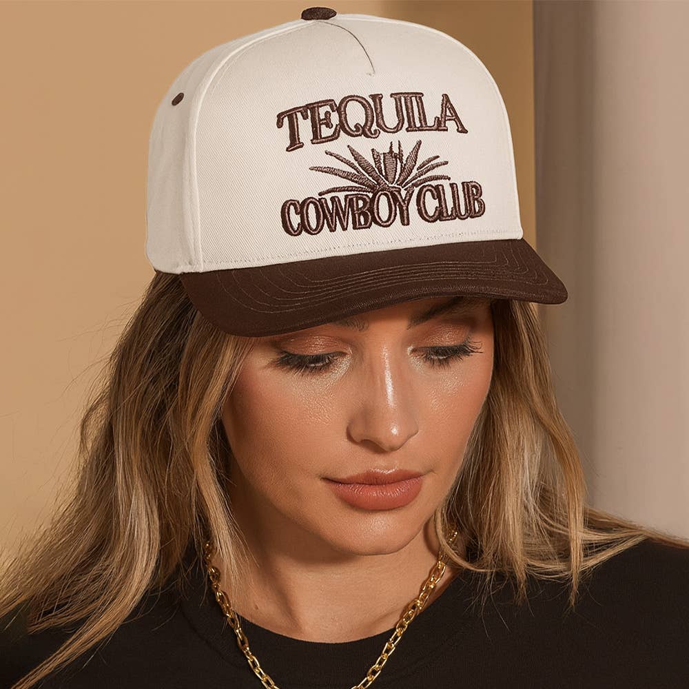 TEQUILA COWBOY Message Embroidered Five Panel Canvas Snapback Baseball Cap