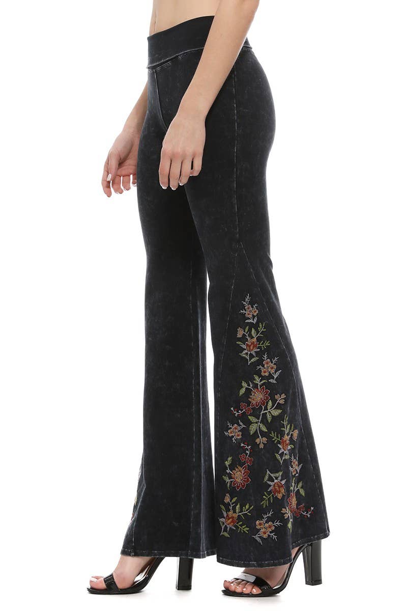 Mineral Wash Floral Embroidery Flare Yoga Pants